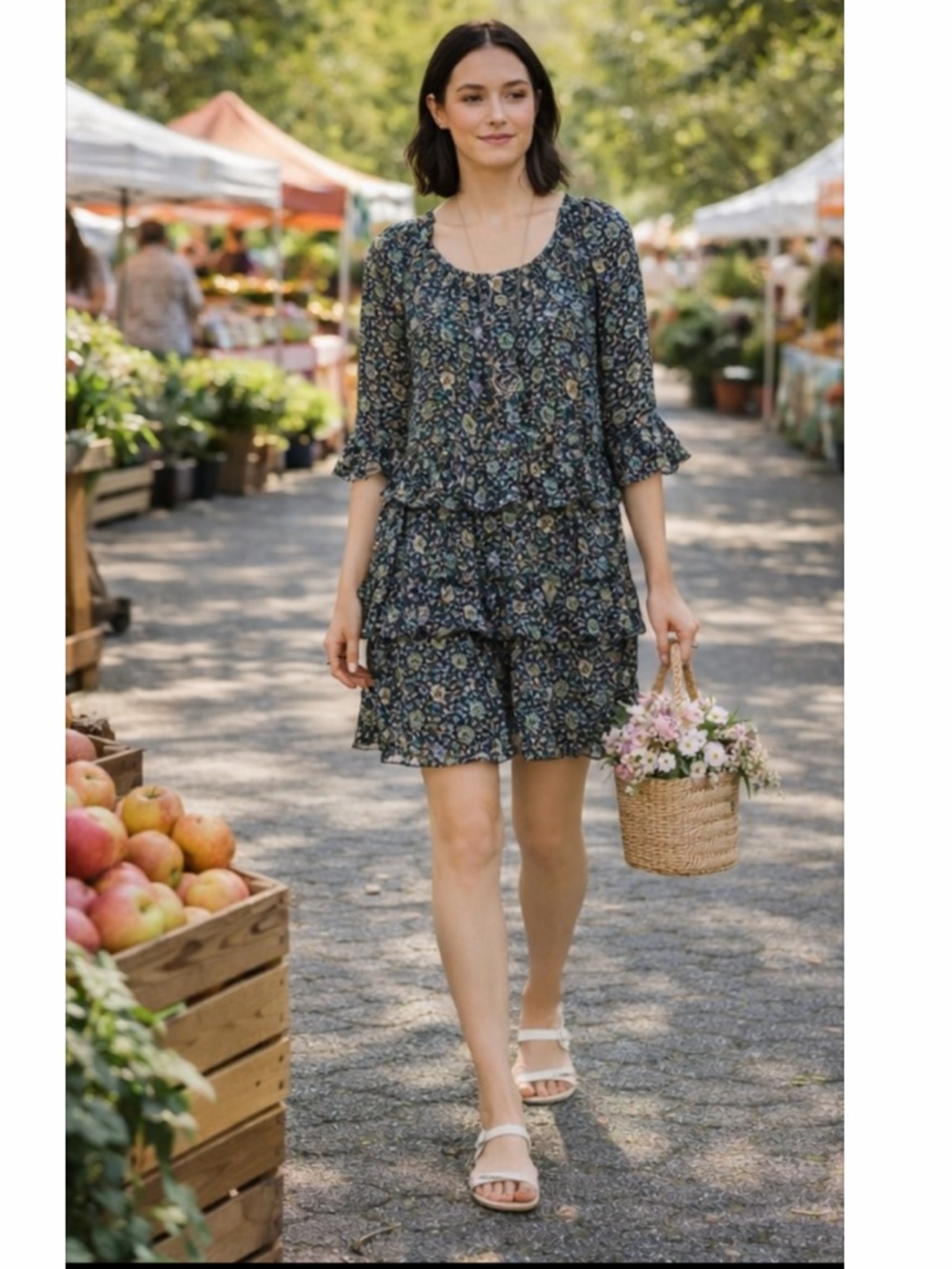 NWT Tory Burch Silk Dress Navy Soleil Ruffle Tiered Floral 3/4 Sleeve Size 8